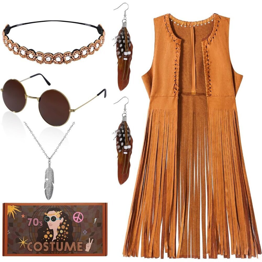 70s Disco Hippie Costume Set with Fringe Vest Accessories Women Large